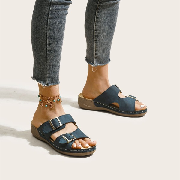 

Double Buckle Footbed Sandals, Blue