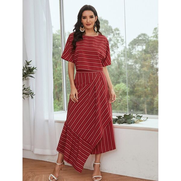

Striped Batwing Sleeve Top & Asymmetrical Skirt, Burgundy