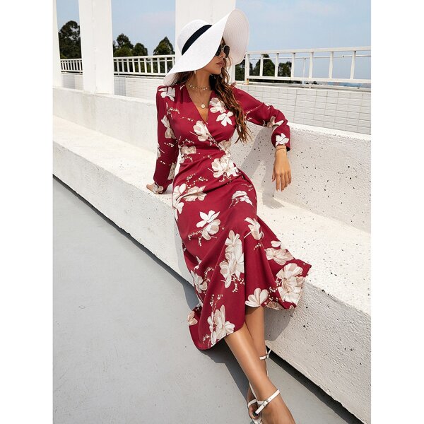 

Floral Print Surplice Neck Dress, Burgundy