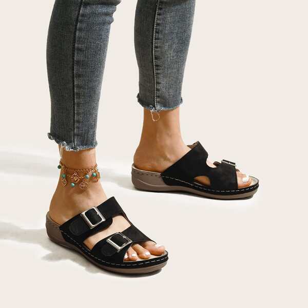 

Double Buckle Footbed Sandals, Black