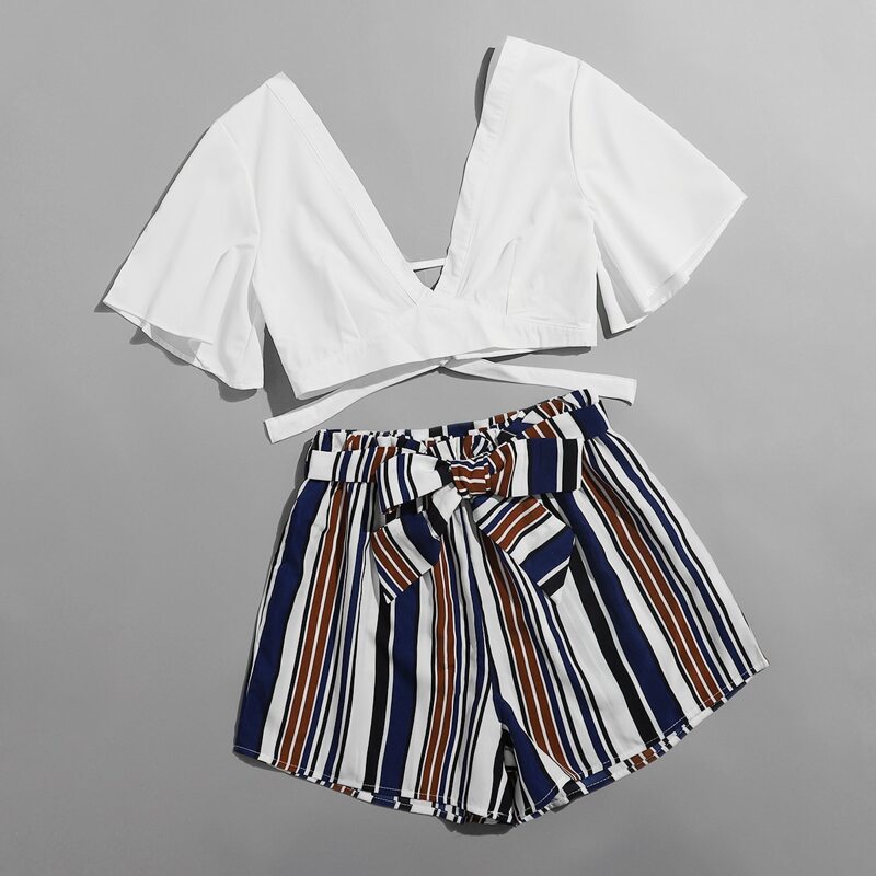 

Solid V Neck Crop Top & Striped Belted Shorts, Multicolor