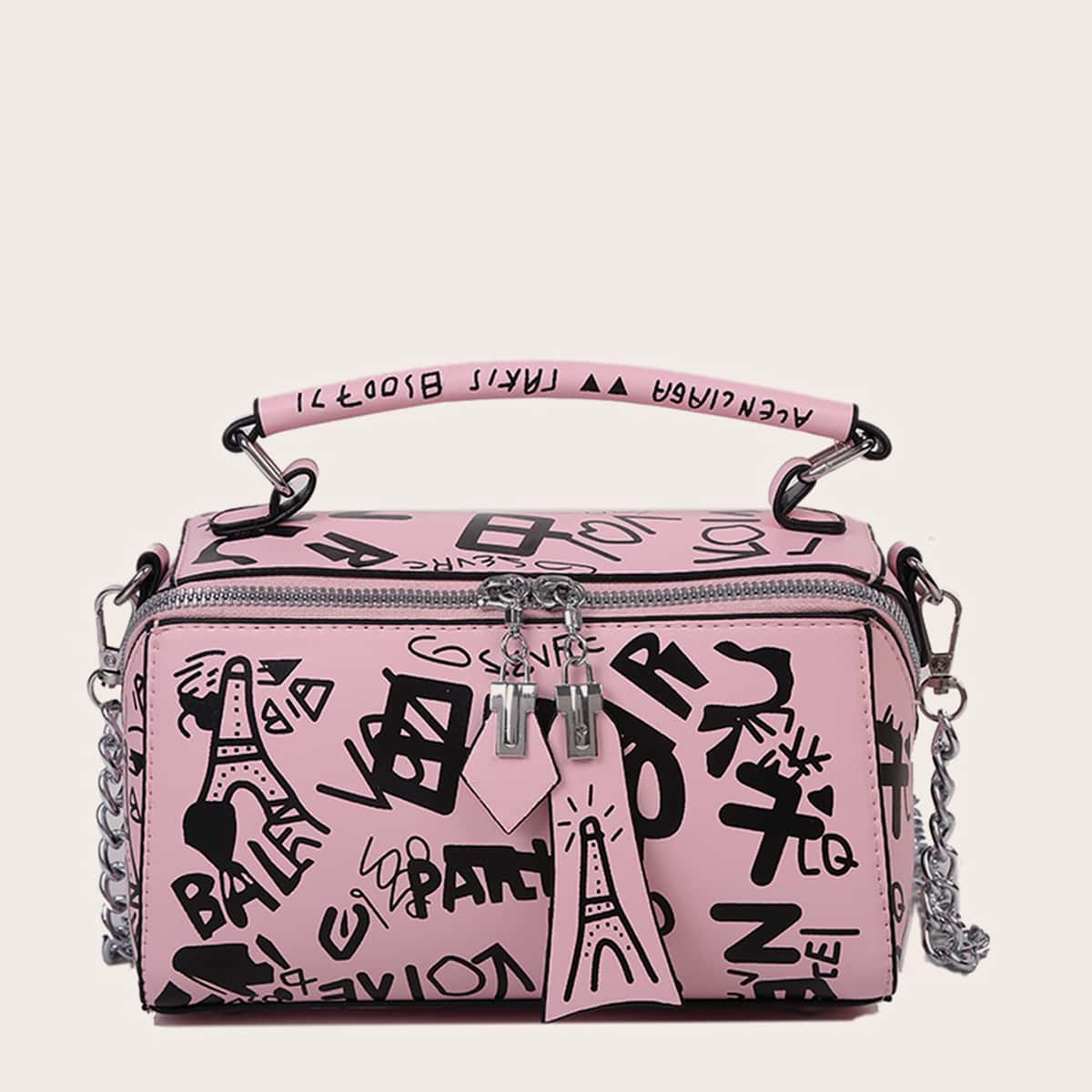 

Graffiti Print Satchel Bag, Pink