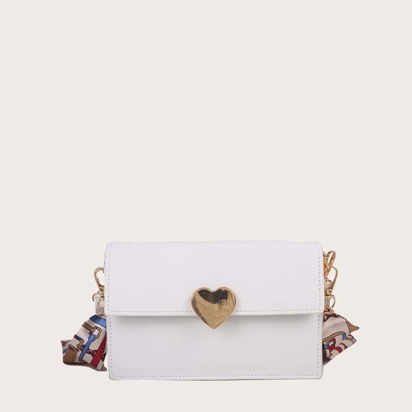

Metal Heart Decor Flap Satchel Bag, White