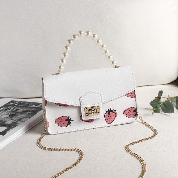 

Faux Pearl Handle Strawberry Graphic Satchel Bag, White