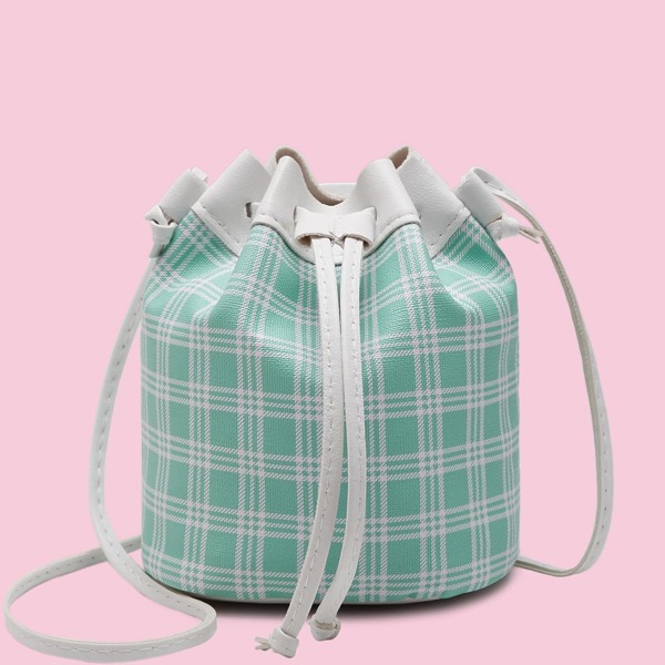 

Plaid Pattern Drawstring Bucket Bag, Green