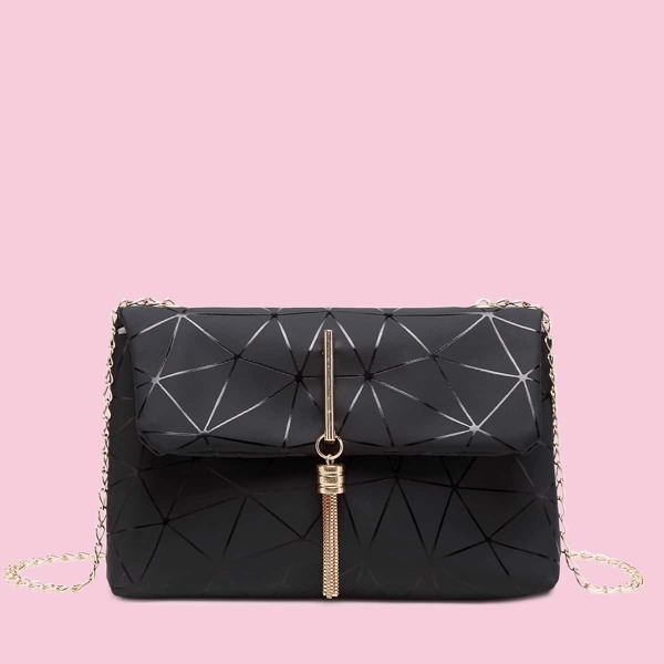 

Tassel Charm Geometric Graphic Chain Bag, Black