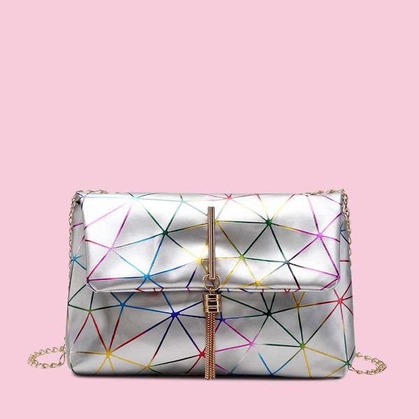 

Tassel Charm Geometric Graphic Chain Bag, Silver