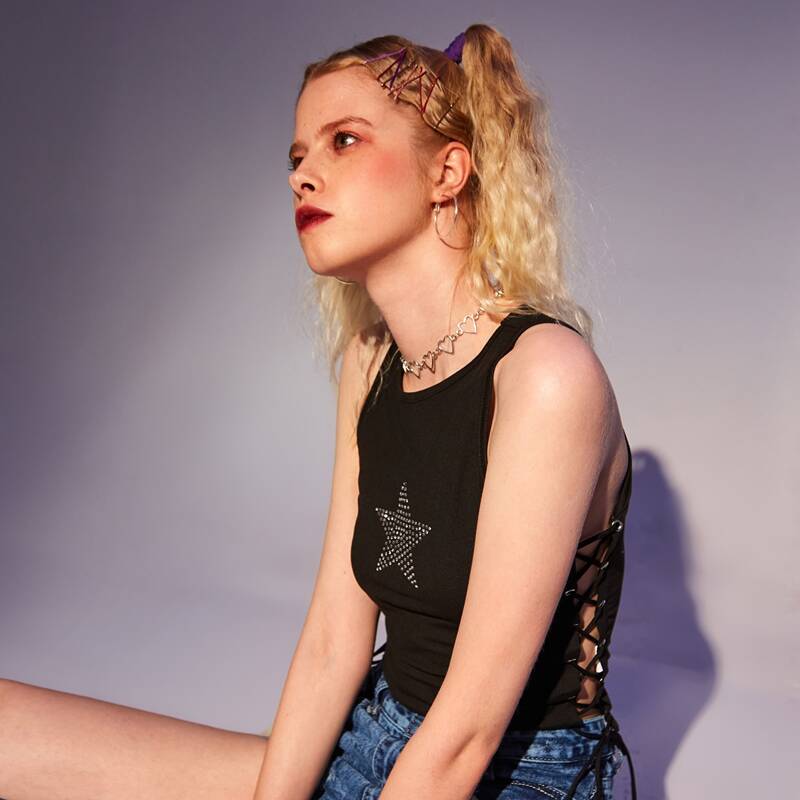

Rhinestone Star Graphic Lace-Up Tank Top, Black