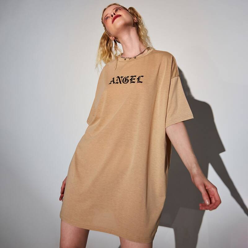 

Letter Graphic Drop Shoulder Tee Dress, Khaki