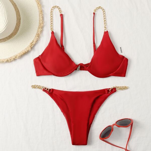 

Chain Linked Underwire Thong Bikini Swimsuit, Red