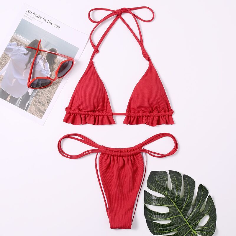 

Rib Micro Triangle Thong Bikini Swimsuit, Red