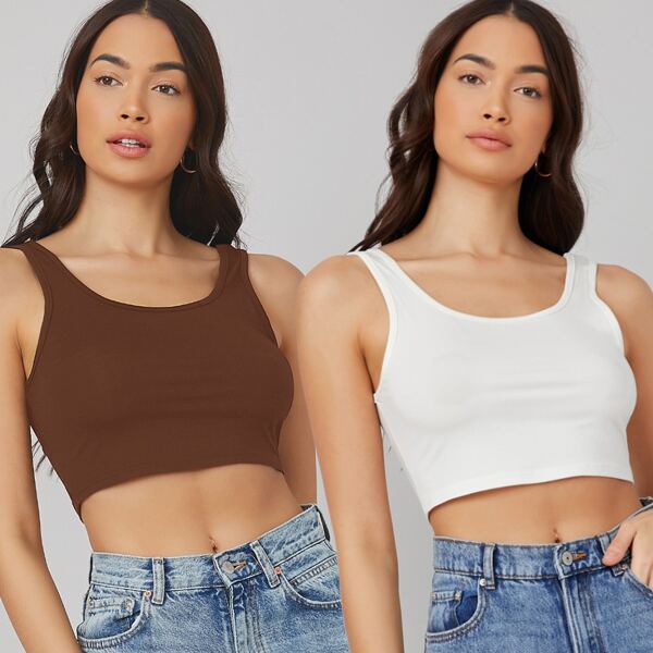 

2 Pack Scoop Neck Solid Crop Tank Top, Multicolor