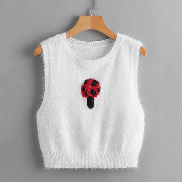 

Mushroom Pattern Fuzzy Knit Sweater Vest, White