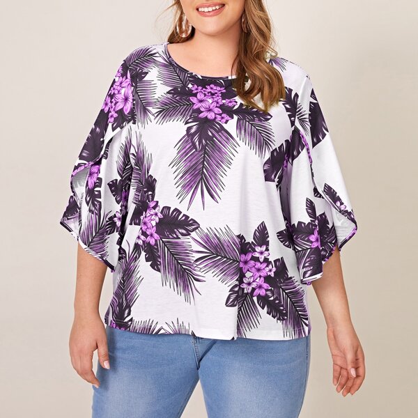 

Plus Floral & Tropical Print Blouse, Multicolor