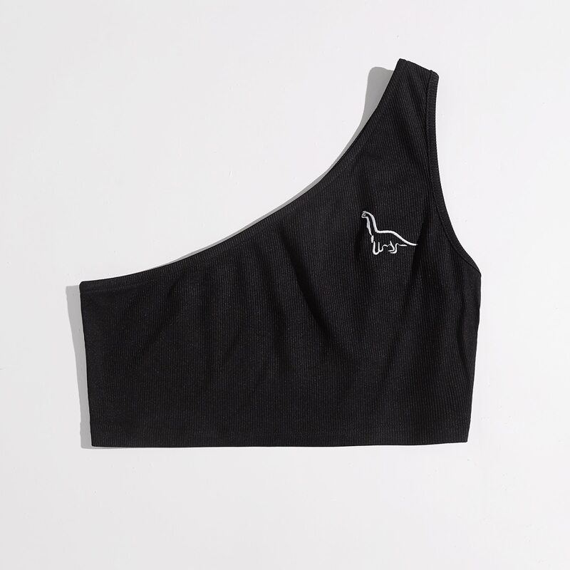 

Dinosaur Embroidery One Shoulder Crop Top, Blue
