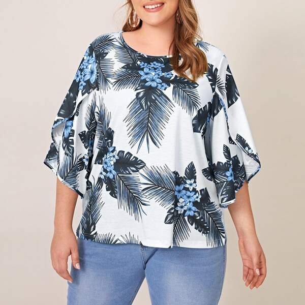 

Plus Floral & Tropical Print Blouse, Multicolor