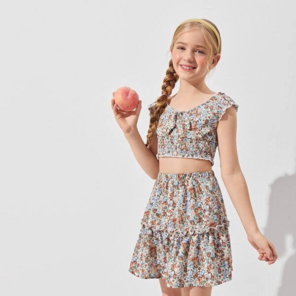 

Girls Allover Floral Print Shirred Detail Top & Frill Trim Skirt Set, Multicolor