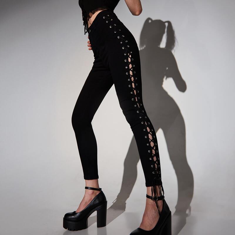 

High-Waisted Lace Up Side Skinny Jeans, Black