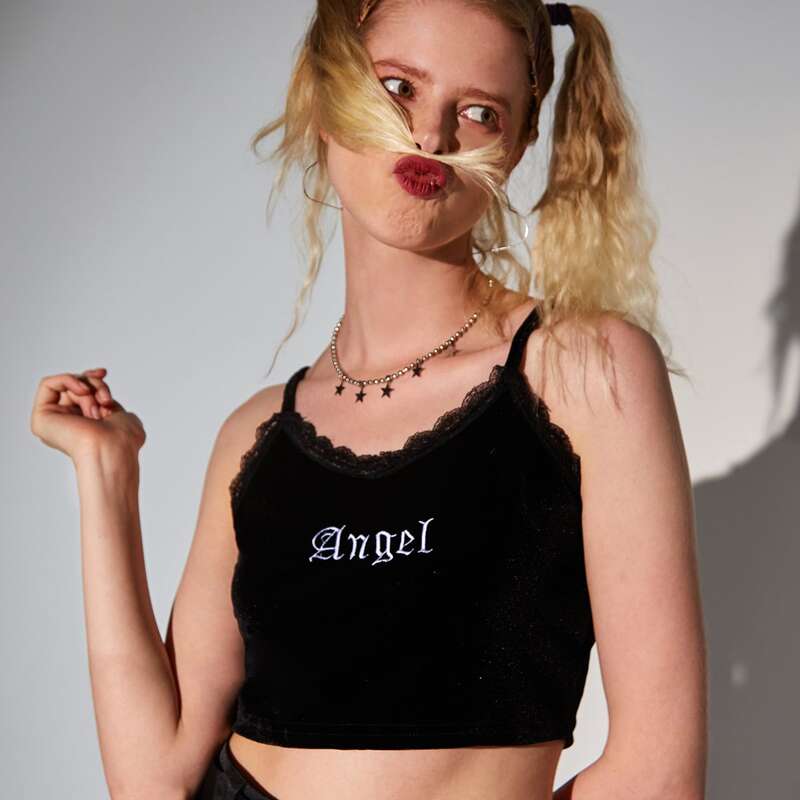 

Lace Trim Letter Embroidery Velvet Cami, Black