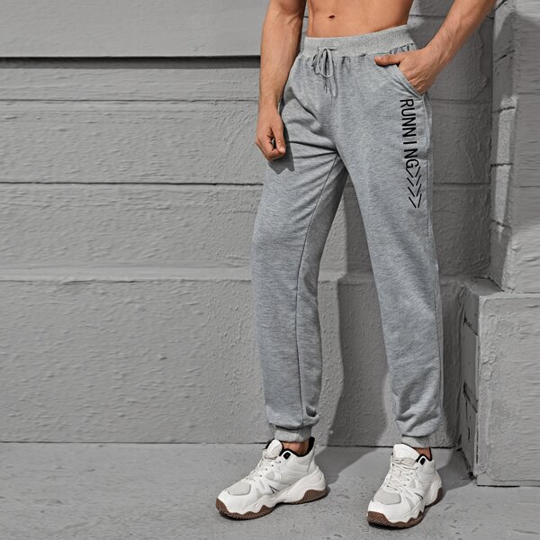 

Men Letter Graphic Drawstring Waist Sport Pants, Grey
