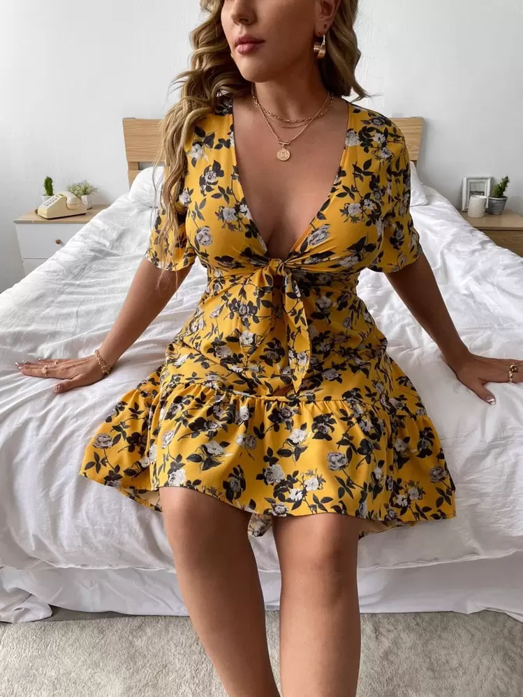SHEIN Holidaya Plus Floral Print Tie Front Plunging Neck Dress - Mustard Yellow - View 1
