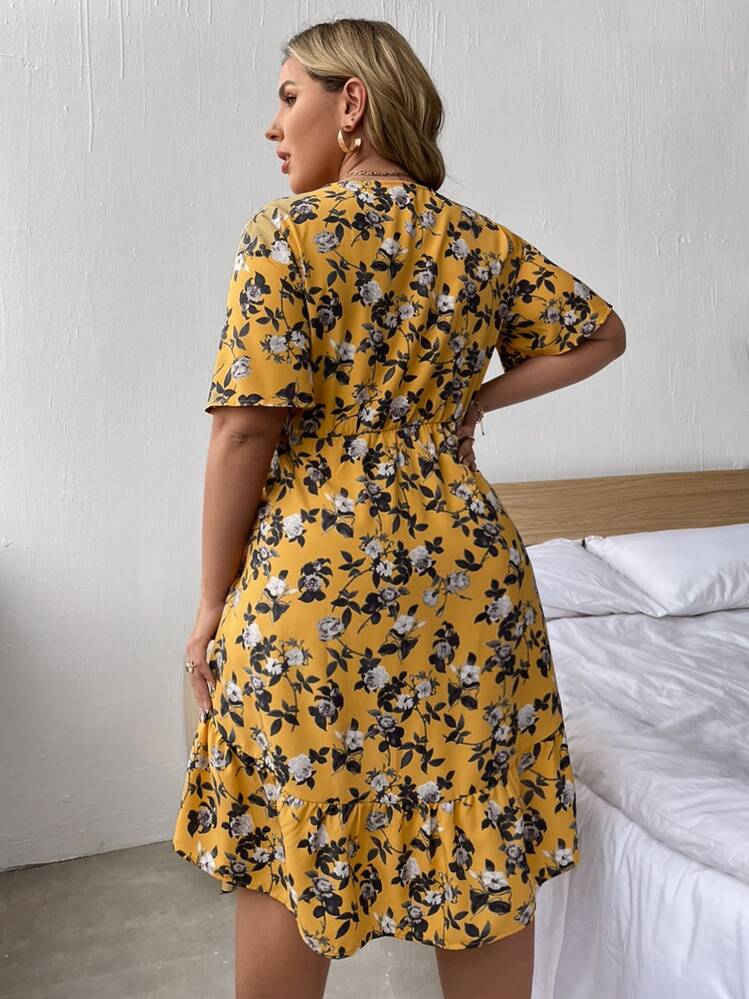 SHEIN Holidaya Plus Floral Print Tie Front Plunging Neck Dress - Mustard Yellow - View 2