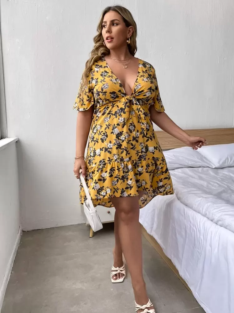 SHEIN Holidaya Plus Floral Print Tie Front Plunging Neck Dress - Mustard Yellow - View 4