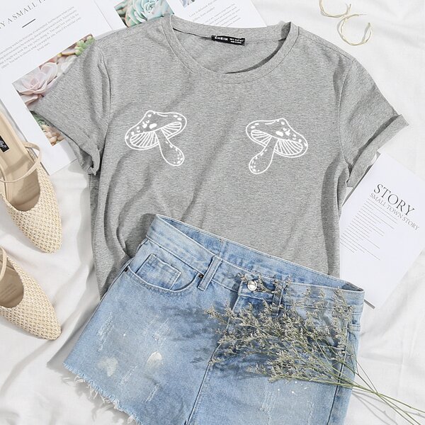 

Mushroom Print Round Neck Tee, Light grey