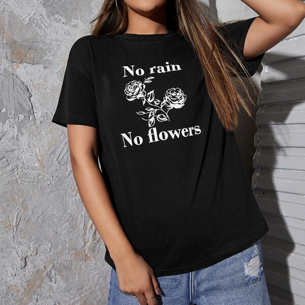 

Drop Shoulder Letter & Floral Graphic Tee, Black