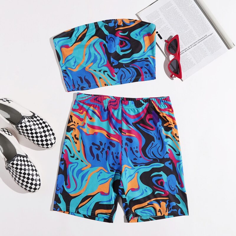 

All Over Print Tube Top & Biker Shorts Set, Multicolor