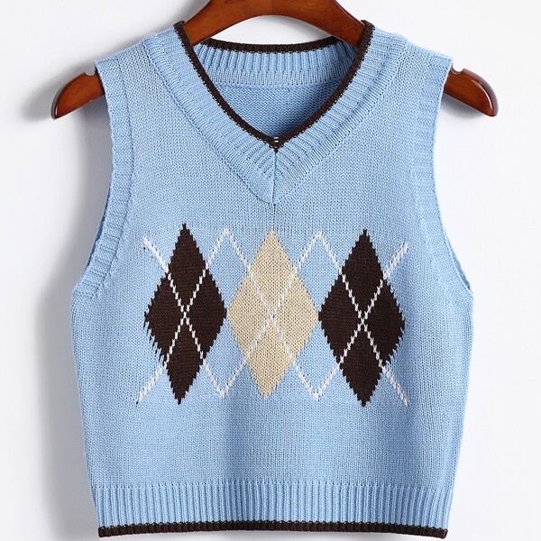 

V Neck Argyle Pattern Sweater Vest, Baby blue