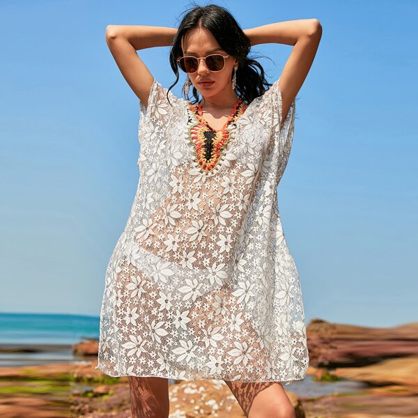 

Colorblock Crochet Sheer Floral Cover Up Without Bikini, White
