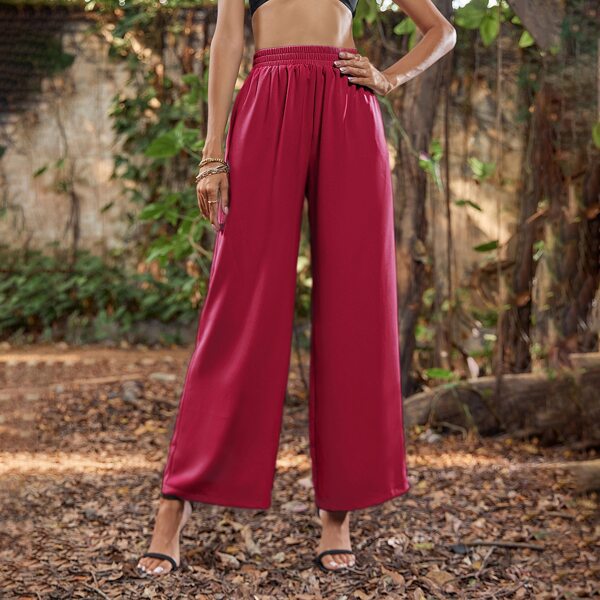

Elastic Waist Wide Leg Pants, Rose red