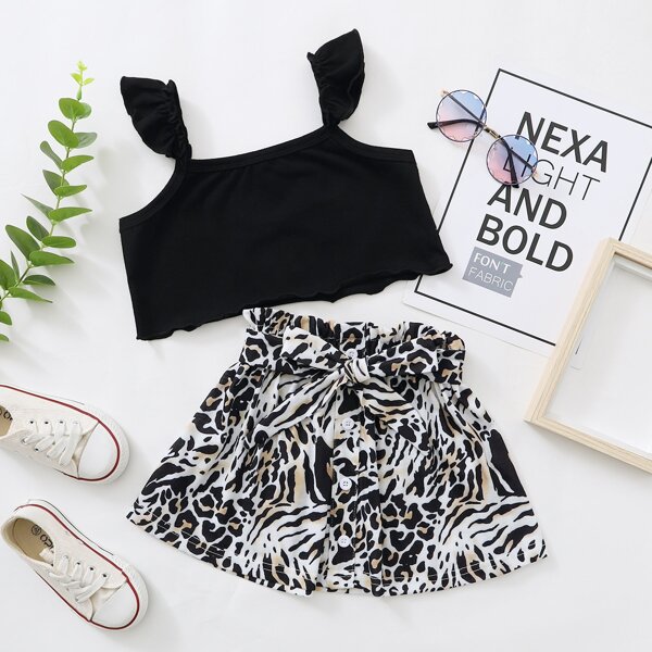 

Toddler Girls Ruffle Trim Crop Cami Top & Leopard Skirt, Multicolor