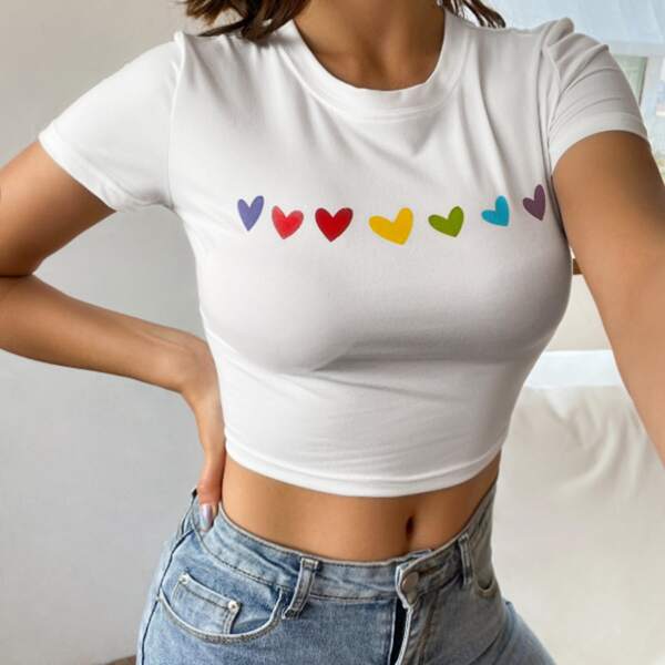 

Heart Print Form Fitted Tee, White