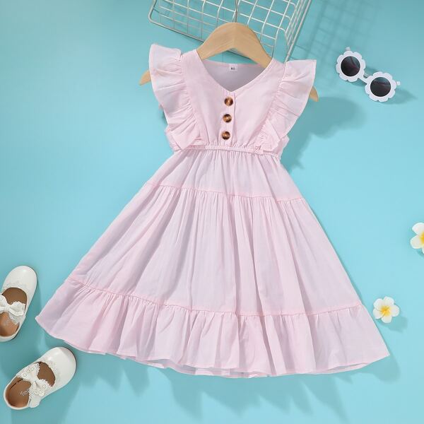 

Toddler Girls Button Ruffle A-line Dress, Baby pink