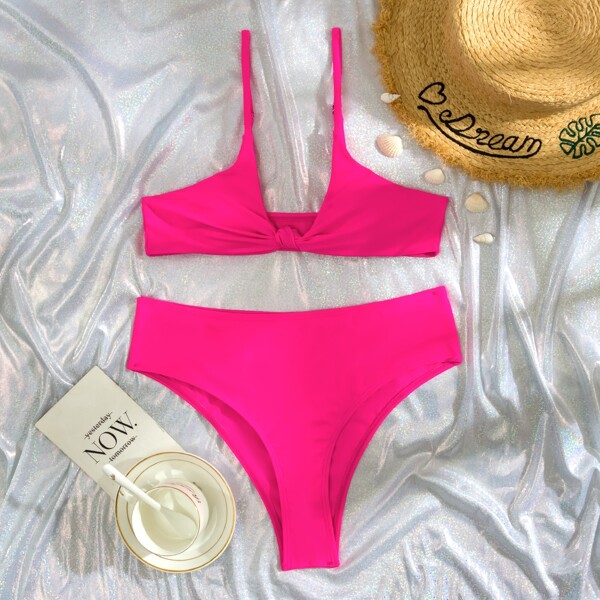 

Knot Detail High Waisted Bikini Swimsuit, Hot pink