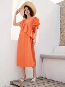 Mulvari Ruffle Trim Solid Dress - Orange - View 1