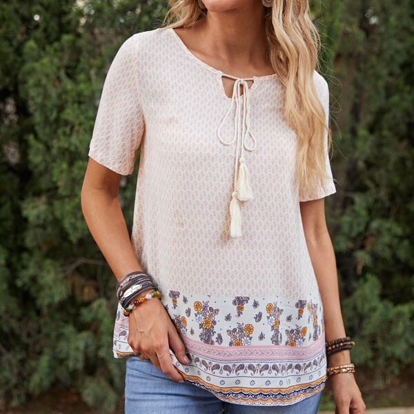 

Tie Neck Floral And Paisley Print Blouse, Beige