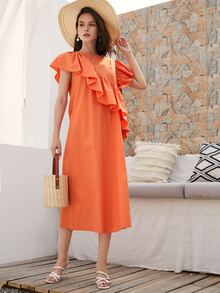 Mulvari Ruffle Trim Solid Dress - Orange - View 4