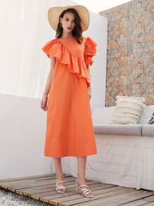 Mulvari Ruffle Trim Solid Dress - Orange - View 5