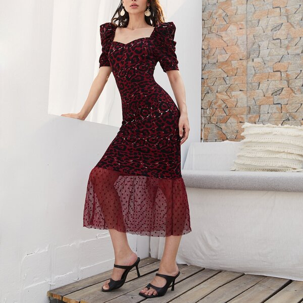 

Sweetheart Neck Puff Sleeve Leopard Dress, Multicolor