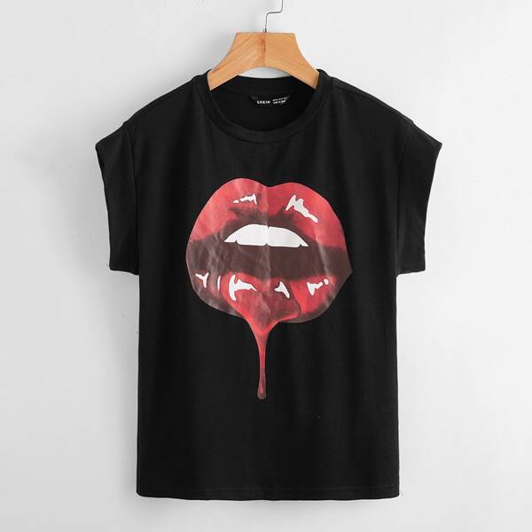 

Cap Sleeve Lip Print Tee, Black