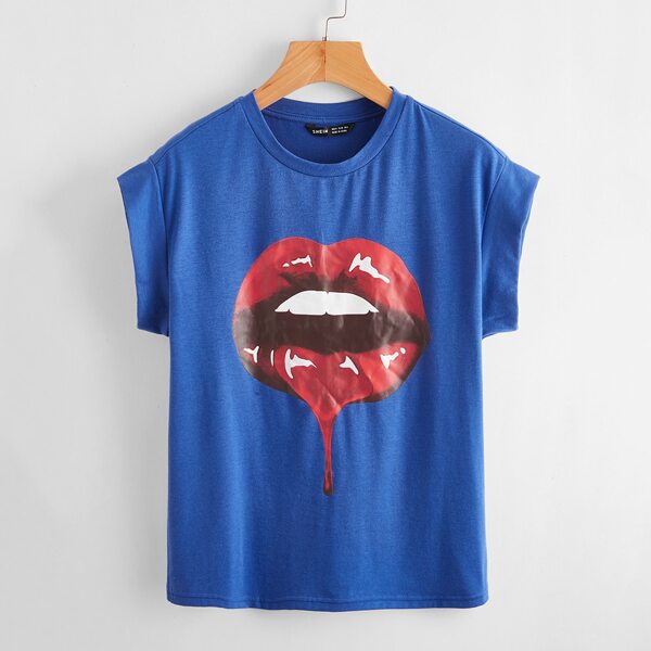 

Cap Sleeve Lip Print Tee, Blue