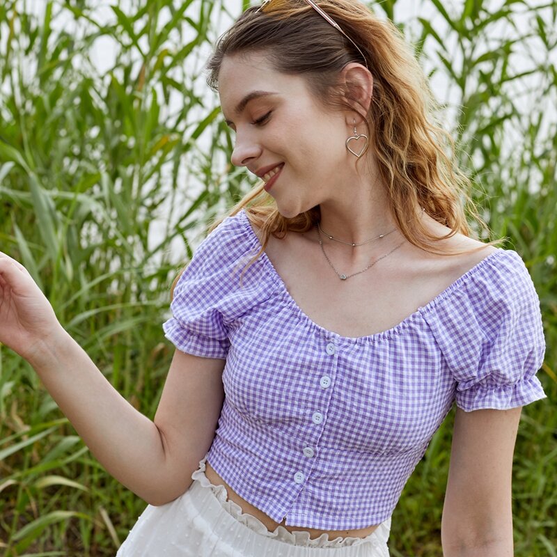 

Gingham Button Front Shirred Crop Top, Lilac purple