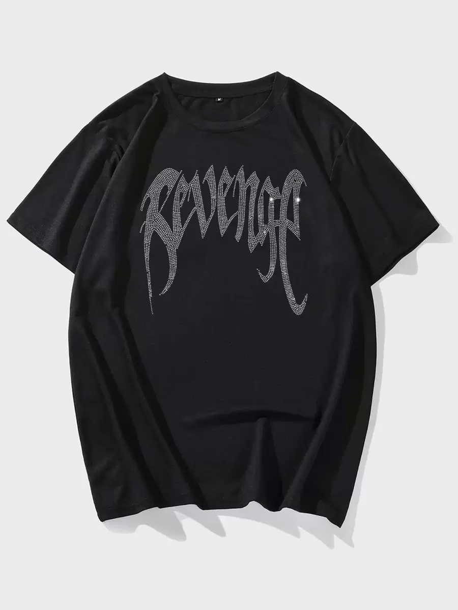 Manfinity Roghcode Tops de hombres Estrás Letras Calle - Negro - Ver 1