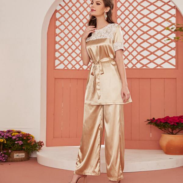 

Satin Contrast Lace Belted Tunic & Pants, Apricot