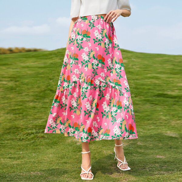 

Allover Floral Ruffle Hem Skirt, Multicolor