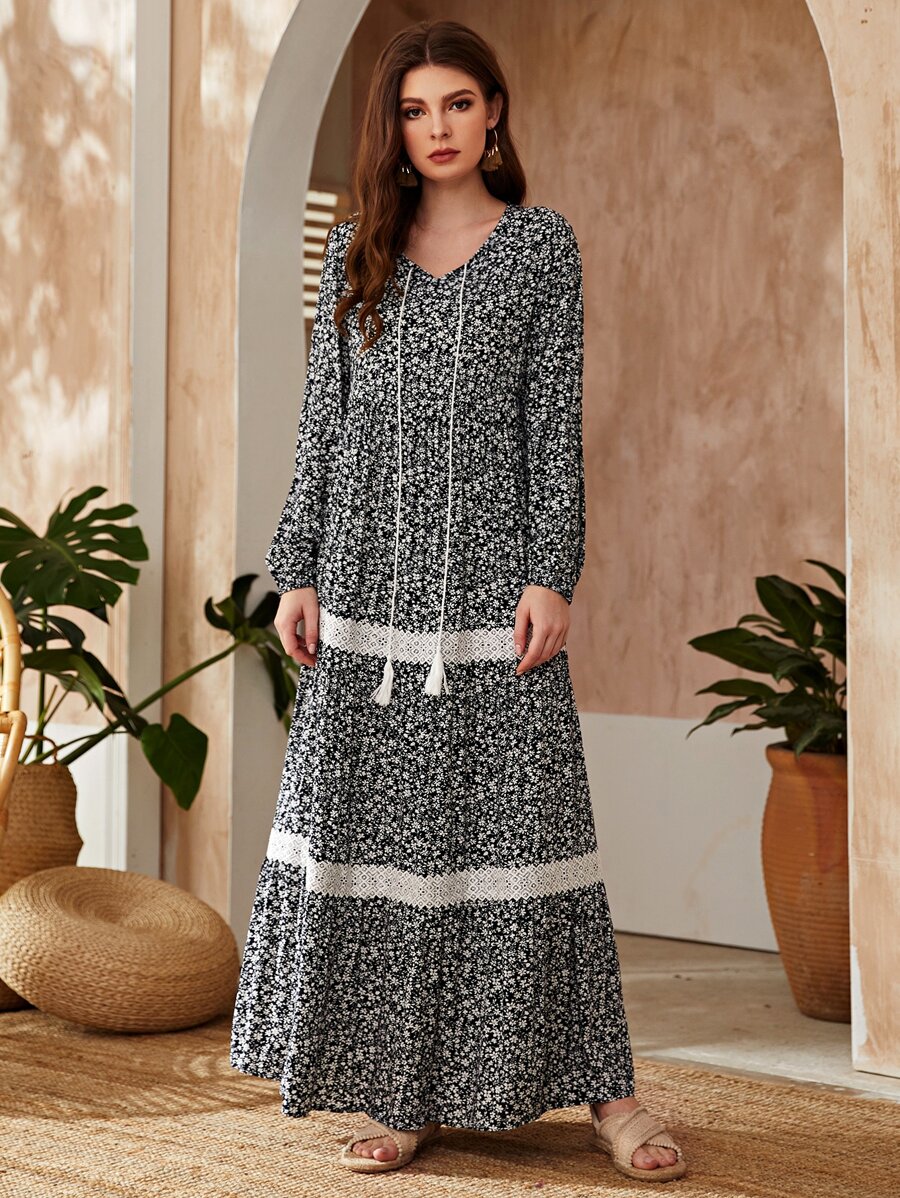 Al Najma 小碎花圖案蕾絲面流蘇繫帶娃娃裙