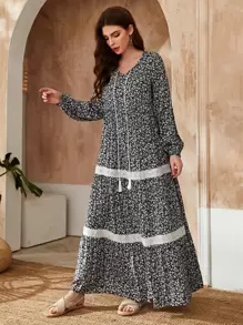 Al Najma 小碎花圖案蕾絲面流蘇繫帶娃娃裙